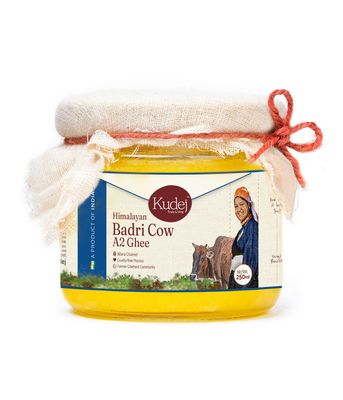 Kudej Himalayan Desi Badri Cow Pure A2 Ghee from Uttrakhand - 100% Bilona Churned Premium Cultured Ghee, Made using Ancient Vedic Processes, 250ML Glass Bottle with Sustainable Packaging