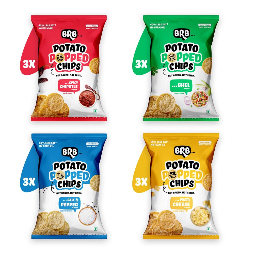 BRB Popped Potato Chips - 4 Flavours | Not Fried, Not Baked | 60% Less Oil, Lower Calorie, No Palm Oil, Healthy Snack | 12 x 27g Combo Pack (weight may vary)