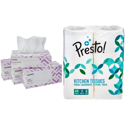Amazon Brand - Solimo 2 Ply Facial Tissues Carton Box - 100 Pulls (Pack of 4) & Amazon Brand - Presto! 2 Ply Kitchen Tissue Paper Roll - 60 Pulls (Pack of 2) Combo
