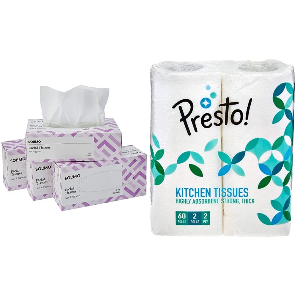 Amazon Brand - Solimo 2 Ply Facial Tissues Carton Box - 100 Pulls (Pack of 4) & Amazon Brand - Presto! 2 Ply Kitchen Tissue Paper Roll - 60 Pulls (Pack of 2) Combo
