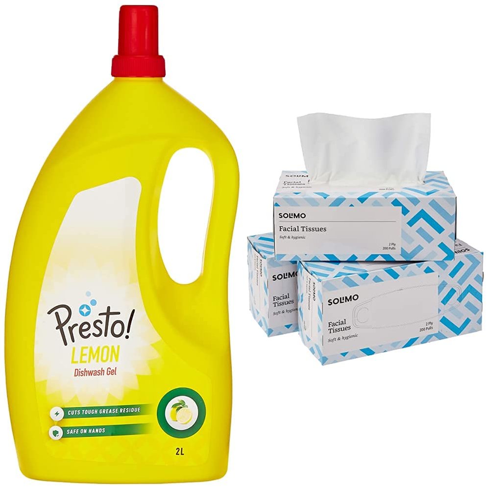 Amazon Brand - Presto! Dish Wash Gel - 2 L (Lemon) & Amazon Brand - Solimo 2 Ply Facial Tissues Carton Box - 200 Pulls (Pack of 3) Combo
