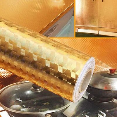 COSKIRA Self-Adhesive Kitchen Aluminum Foil Kitchen Backsplash Stickers Wallpaper, Waterproof Oil Proof Aluminum Foil Sticker Self-Adhesive Wallpaper Kitchen Stove Wall Stickers Gold -2M