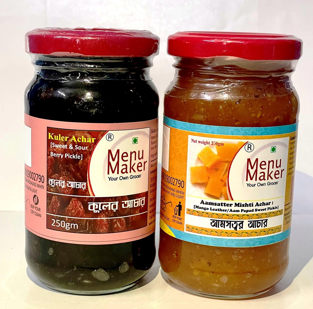 Menu Maker Select Premium Kuler Achar [Sweet & Sour Berry Pickle] and Aamsatter Mishti Achar [Mango Leather/Aam Papad Sweet Pickle] Combo Pack, 250g Each