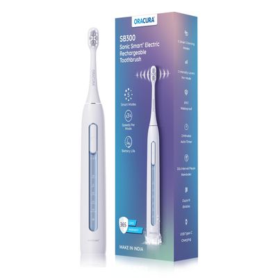 ORACURA SB300 Electric Rechargeable Toothbrush | Blue | 365 Days Warranty | 36,000 strokes/min | With 5 Modes & 3 Intensity Levels | 2 Minutes Auto-Timer | 90 Days Battery Life