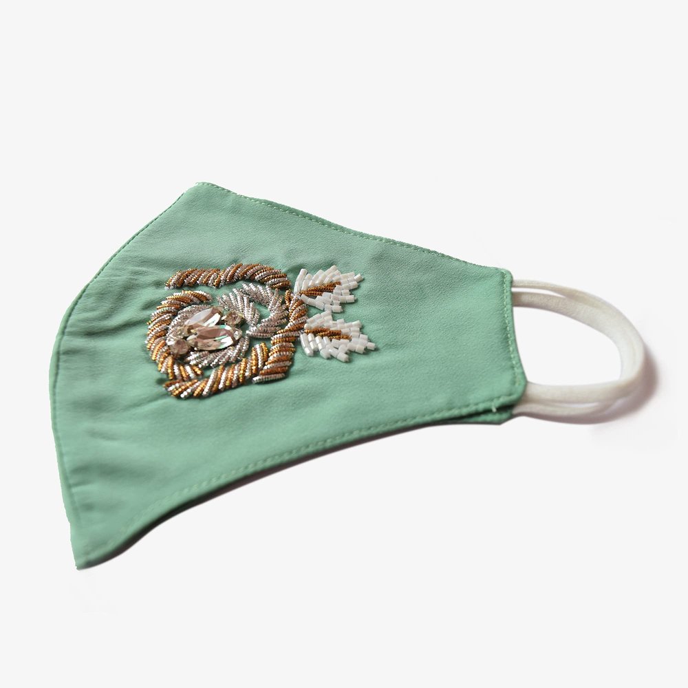 Carole Marvin Green Embroidery Mask