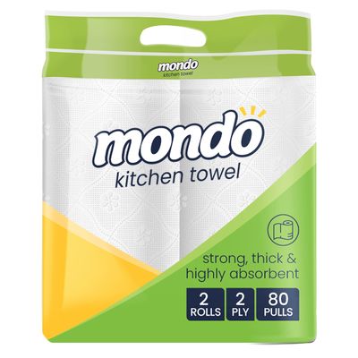 Mondo Kitchen Tissue Roll (2 Ply, 80 Pulls) | Pack of 2 Rolls | Effective on Granite, Steel, Glass, Tile, Wood | 100% Biodegradable Product | FDA Approved, OBA Free | Tissue Papers Kitchen