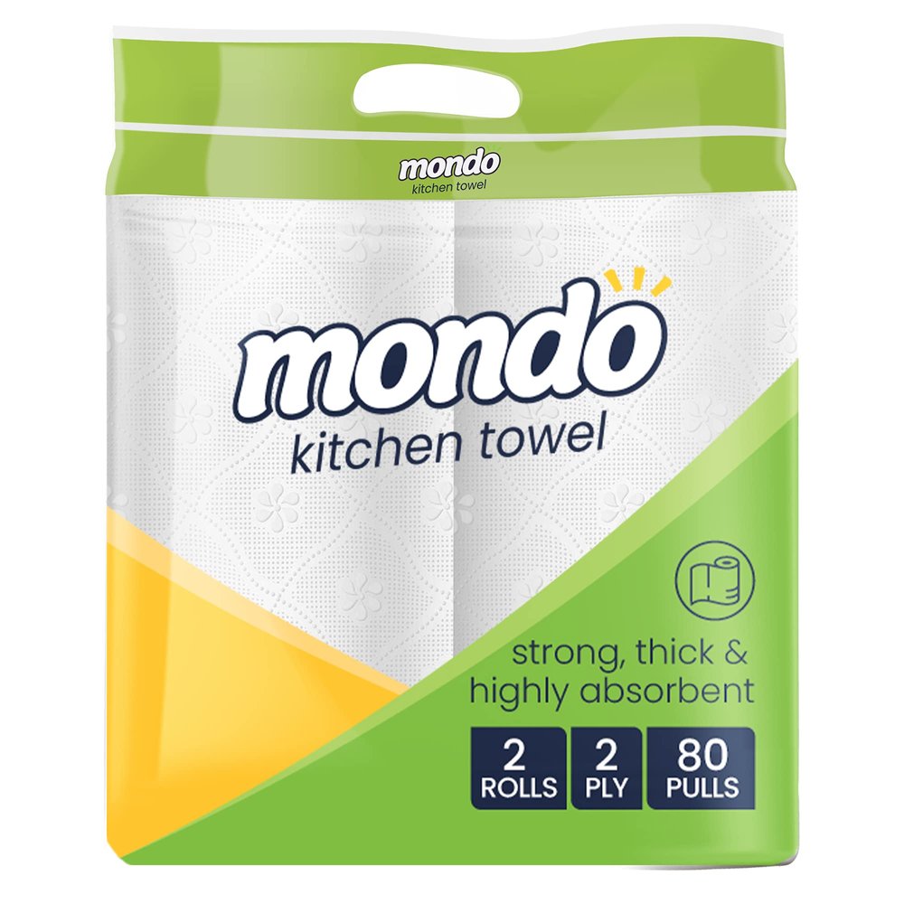 Mondo Kitchen Tissue Roll (2 Ply, 80 Pulls) | Pack of 2 Rolls | Effective on Granite, Steel, Glass, Tile, Wood | 100% Biodegradable Product | FDA Approved, OBA Free | Tissue Papers Kitchen