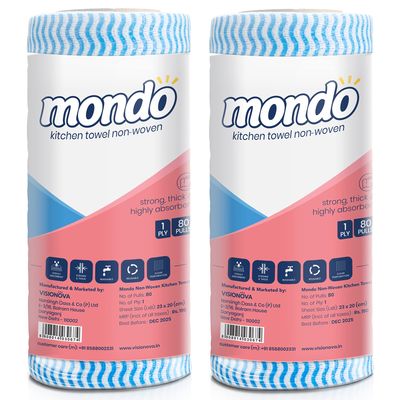 Mondo Kitchen Wipes for Cleaning (1 Ply, 80 Pulls) | Pack of 2 Kitchen Rolls | Washable & Reusable Tissue Roll for Kitchen | Soaks Oil Spills Quickly | Kitchen Cleaning Wipes | Kitchen Roll Reusable