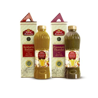 Mishrambu Kesharia Badam & Premium Thandai Drynut Syrup | Authentic Summer Dry Fruit Drink | Infused With Premium Herbs | Instant Refreshing Beverage | Pack of 2 (750ml each)