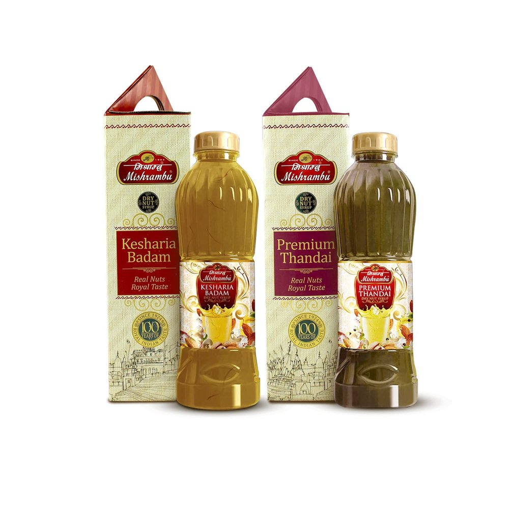 Mishrambu Kesharia Badam & Premium Thandai Drynut Syrup | Authentic Summer Dry Fruit Drink | Infused With Premium Herbs | Instant Refreshing Beverage | Pack of 2 (750ml each)