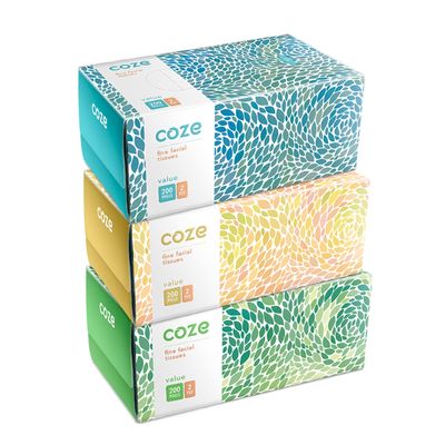 Coze Face Tissue Box (2 Ply, 200 Pulls) | Pack of 3 Assorted Coloured Boxes | 100% Skin-Safe, FDA Approved, OBA Free | Sleek Tissue Box for Car, Bathroom, Bedroom, Office | Car Tissue Paper Box