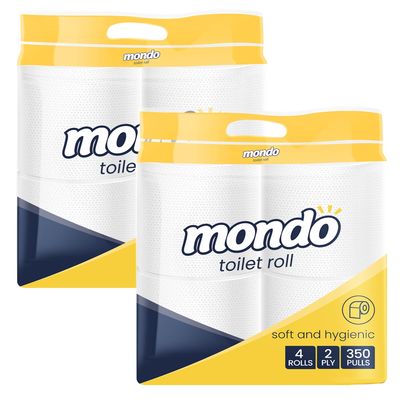 Mondo Toilet Roll Tissue (2 Ply, 350 Pulls) | Pack of 8 Rolls | 100% skin safe FDA approved, OBA free | Septic-safe bath tissue | Compatible with all dispensers | Toilet Tissue Paper Roll