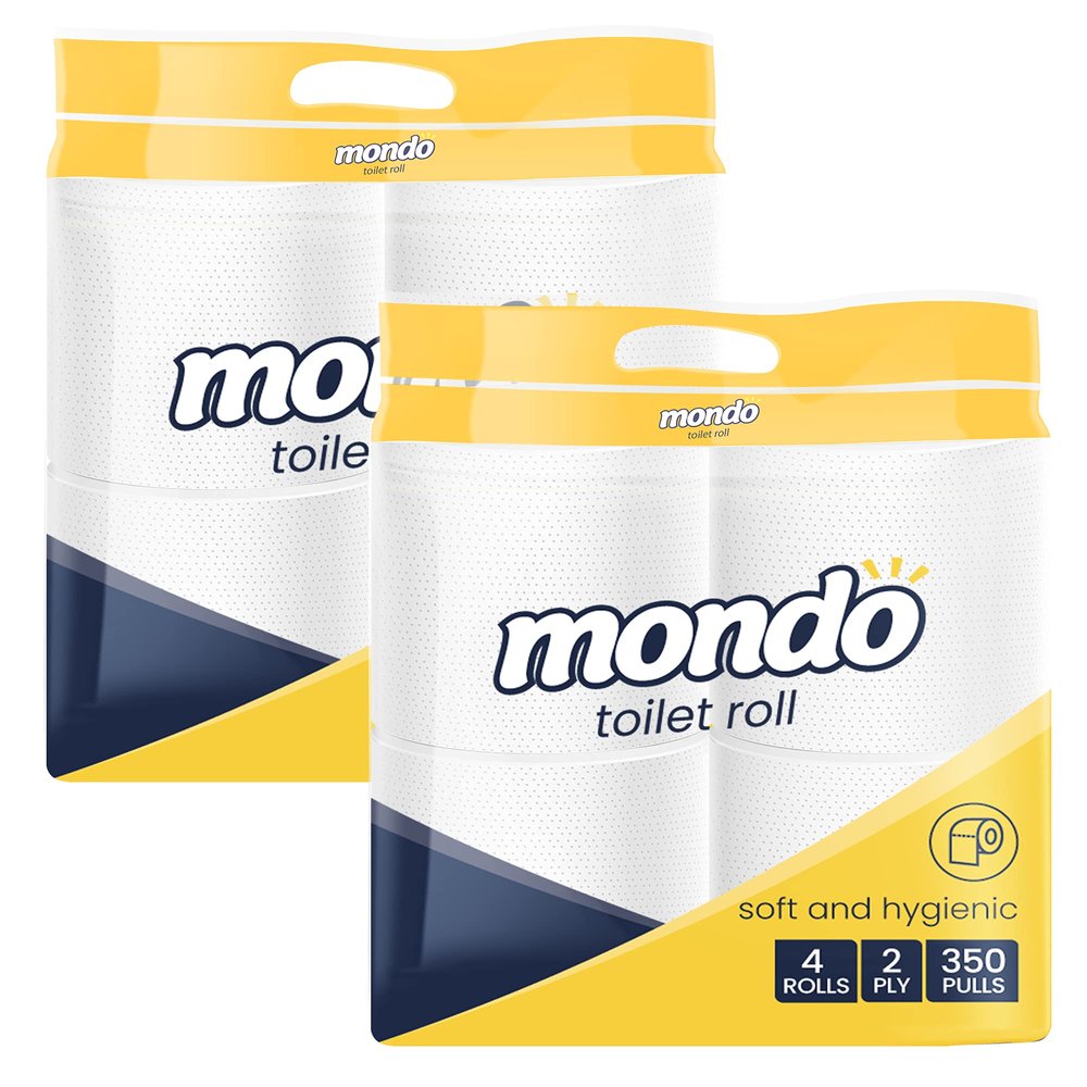 Mondo Toilet Roll Tissue (2 Ply, 350 Pulls) | Pack of 8 Rolls | 100% skin safe FDA approved, OBA free | Septic-safe bath tissue | Compatible with all dispensers | Toilet Tissue Paper Roll