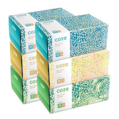 Coze Face Tissue Box (2 Ply, 200 Pulls) | Pack of 6 Assorted Coloured Boxes | 100% Skin-Safe, FDA Approved, OBA Free | Sleek Tissue Box for Car, Bathroom, Bedroom, Office | Car Tissue Paper Box