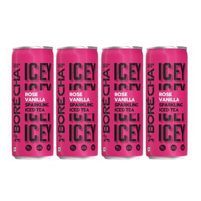 Borcha Sparkling Iced Tea 330ml | Brain-Boosting & Antioxidant-Rich | Cold Brewed | F.A.B. Focus Adaptogens | Low Sugar | Gluten-Free | Natural Functional Beverage (Rose Vanilla, Pack Of 4)
