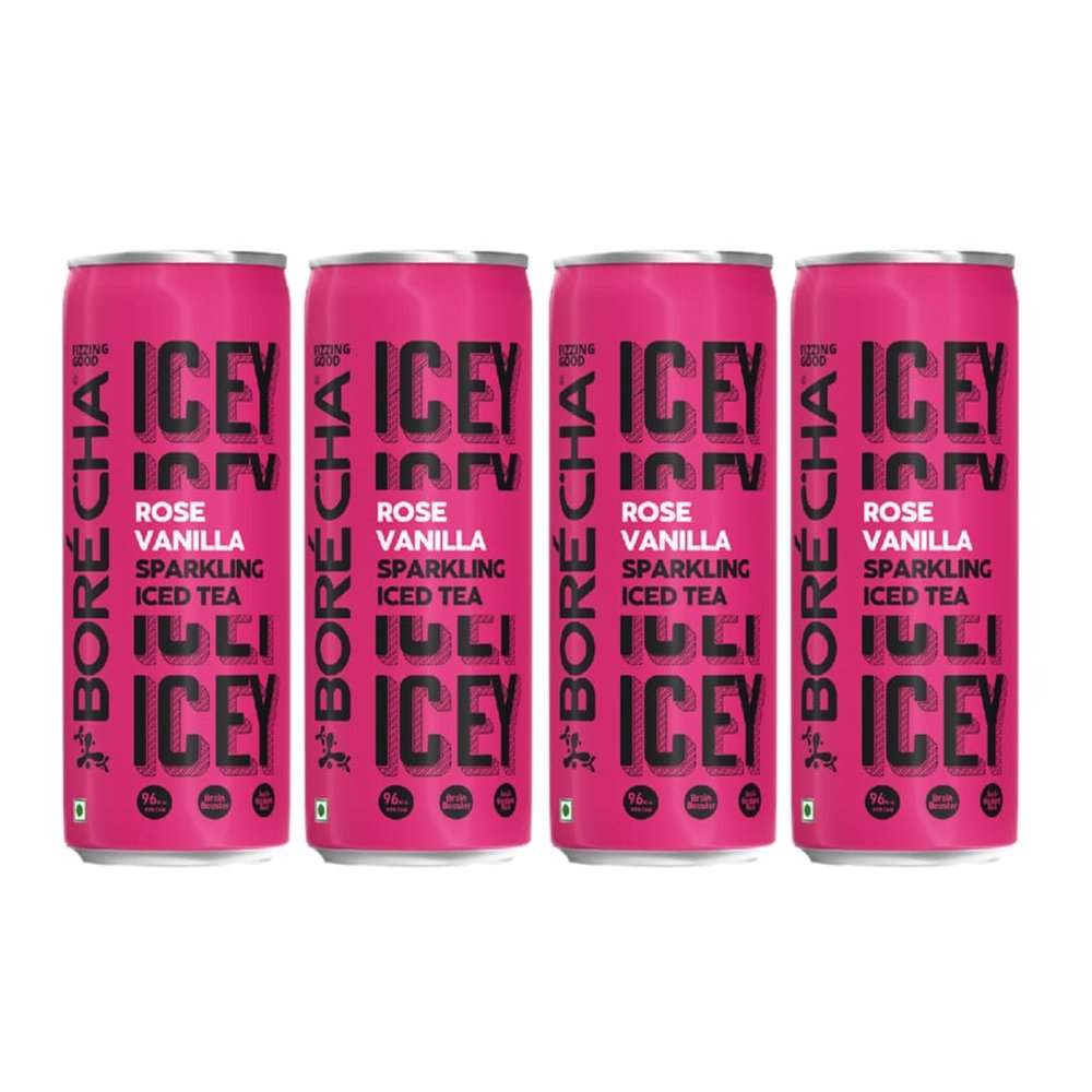 Borcha Sparkling Iced Tea 330ml | Brain-Boosting & Antioxidant-Rich | Cold Brewed | F.A.B. Focus Adaptogens | Low Sugar | Gluten-Free | Natural Functional Beverage (Rose Vanilla, Pack Of 4)