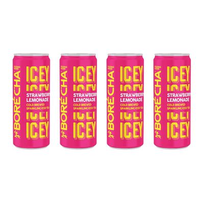 Borcha Sparkling Iced Tea 330ml | Brain-Boosting & Antioxidant-Rich | Cold Brewed | F.A.B. Focus Adaptogens | Low Sugar | Gluten-Free | Natural Functional Beverage (Strawberry Lemon, Pack Of 4)