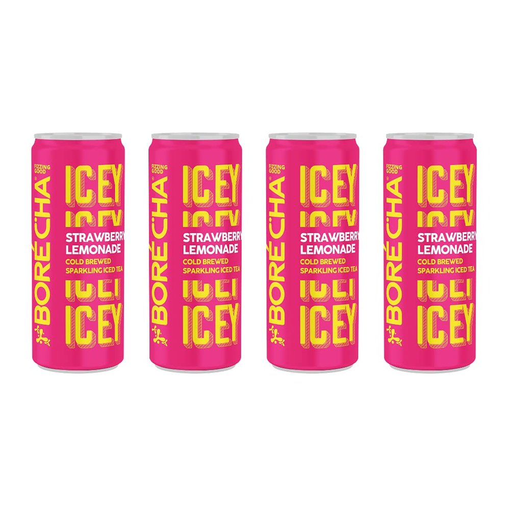 Borcha Sparkling Iced Tea 330ml | Brain-Boosting & Antioxidant-Rich | Cold Brewed | F.A.B. Focus Adaptogens | Low Sugar | Gluten-Free | Natural Functional Beverage (Strawberry Lemon, Pack Of 4)