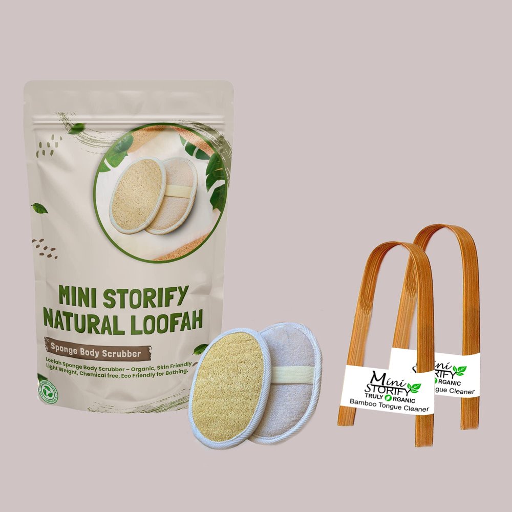 Mini Storify Truly Organic 2 Bamboo Tongue Cleaner 2 Oval Loofah Body Scrubber Combo Pack - Natural, Biodegradable, Hygiene, Eco-Friendly Oral & Body Cleaning for Kids, Adults, Men, Women (Set of 4)