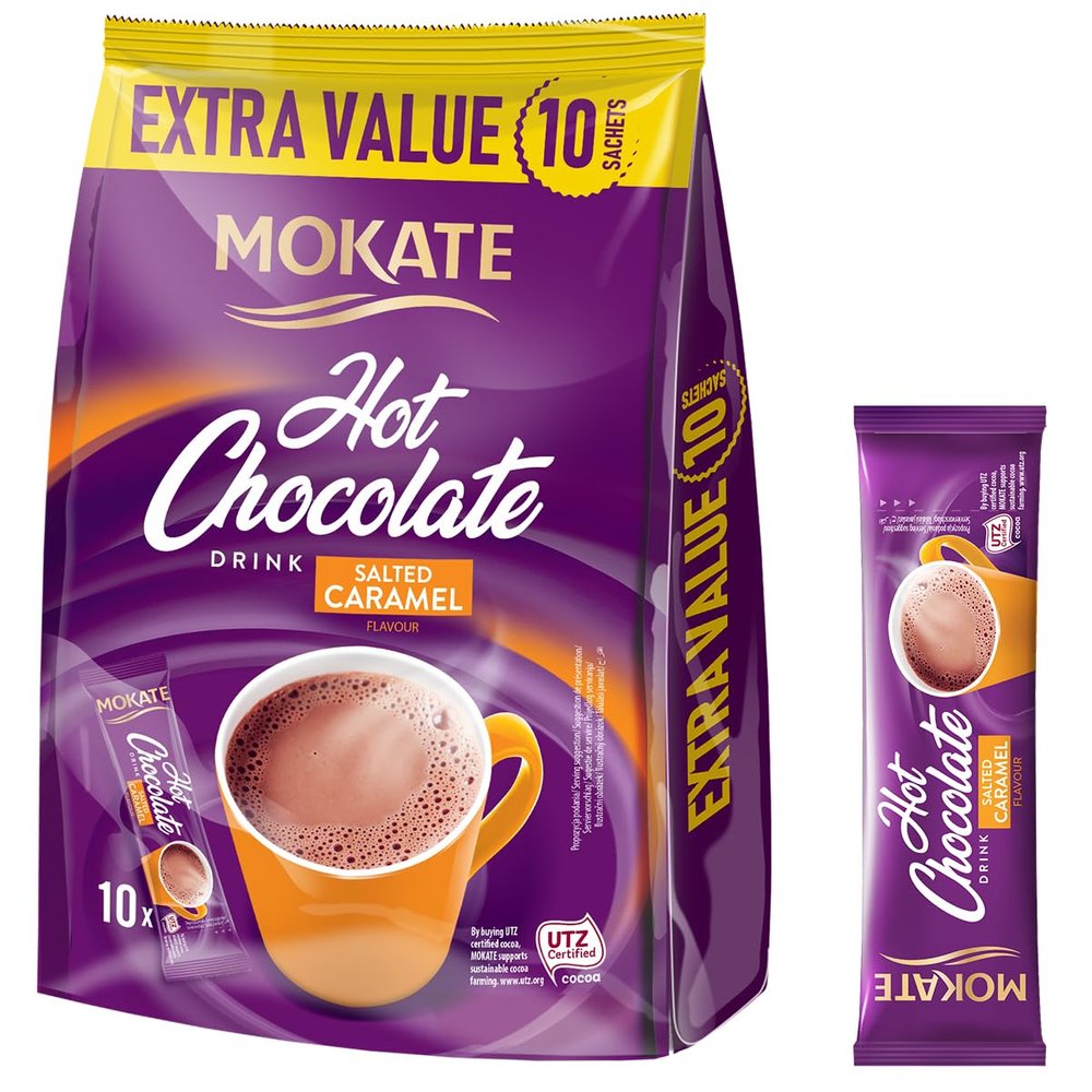 MOKATE Hot Chocolate Salted Caramel Drink | Extra Value Pack 180g Bag | 10 Sachets | Rich, Creamy & Sweet Hot Cocoa Mix with Salted Caramel Twist | Easy Instant Beverage | Premium Drink Perfect for Kids & Adults | Home, Office & Travel Friendly | (Im