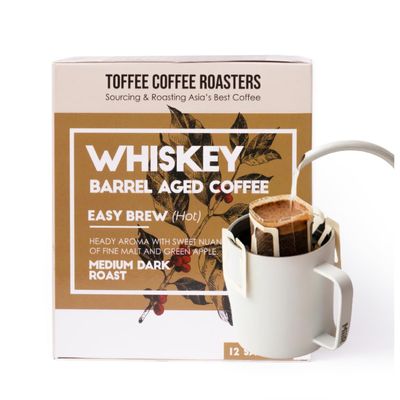 Toffee Coffee Roasters | Easy Brew (Hot Brew) Coffee | Single Malt Whiskey Barrel Aged Grounded Coffee | Pack of 12 Sachets | Easy to Brew Pour Over Coffee | Medium Dark Roast | Notes: Fine malt & Green Apple