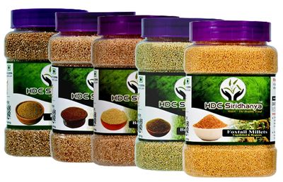 HDC Siridhanya millets Unpolished Organic combo pack of 5 positive millets [Kodo, Foxtail, Browntop, Barnyard and Little each 900gm] organically grown from Karnataka total 4.8kg.