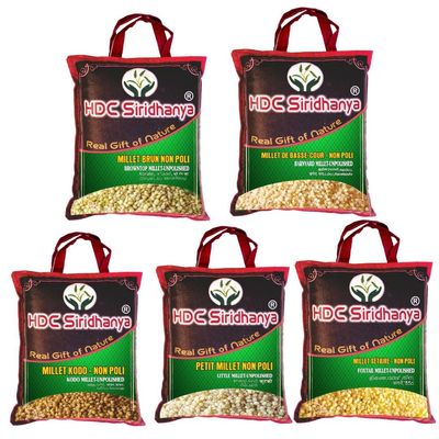 HDC Siridhanya Millets Grain Unpolished & organic Combo Pack of 5, [Little, Foxtail, Kodo, Barnyard, and Browntop 5 positive millets (920GM Each Bag Vacuum packed)