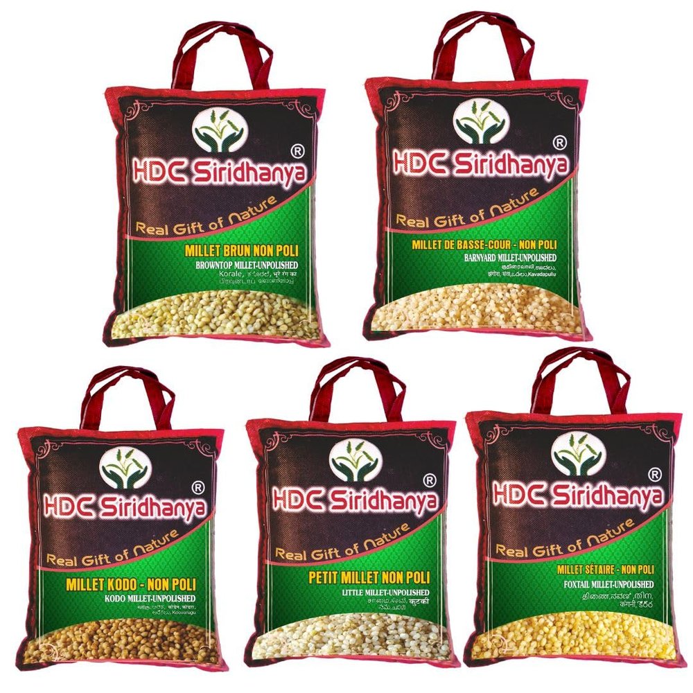 HDC Siridhanya Millets Grain Unpolished & organic Combo Pack of 5, [Little, Foxtail, Kodo, Barnyard, and Browntop 5 positive millets (920GM Each Bag Vacuum packed)