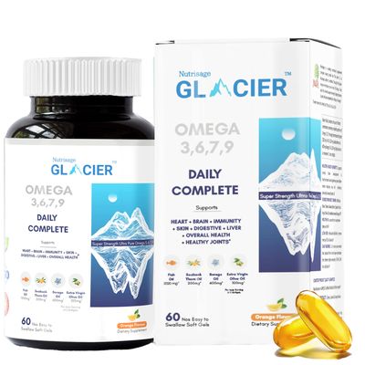 Nutrisage Glacier Daily Complete Omega 3,6,7,9-2020 mg Fish Oil, Seabuckthorn, Borage & Olive Oil & Vitamin D - Full Spectrum of Omega for Complete Health - 60 Enteric Coated Soft Gels- Pack 1