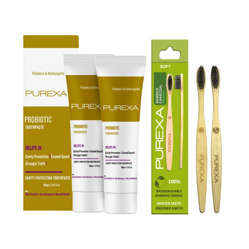 PUREXA TWO Anticavity Probiotic Toothpaste Prevents Cavity Like a Pro, | Two Bamboo Charcoal Toothbrush, Soft brush With Charcoal Infused soft bristles for Teeth Whitening, Antibacterial And Biodegradable For Adult and Kids Eco-Friendly.