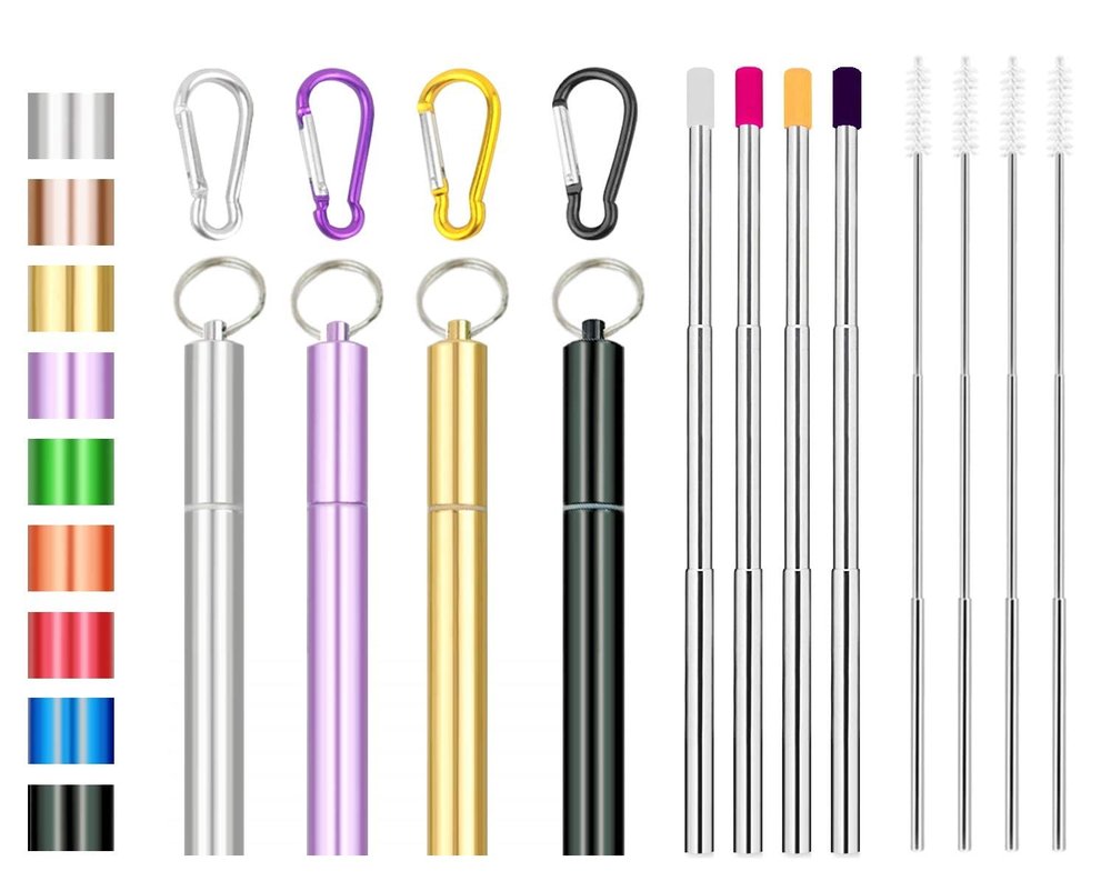 ANAB GI 4 Pack Portable Reusable Metal Straw Collapsible Stainless Steel Drinking Straw Telescopic Straw to Drink Water Smoothie . ?Black & Rose Gold & Blue & Gold?