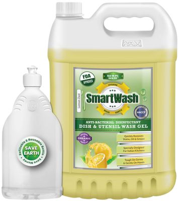 SmartWash Anti-Bacterial Disinfectant Dish & Utensil Wash Gel Strong Germ Protection Kitchen Wash Cleaner Liquid (Lemon Zest), 5L with Dispenser Bottle