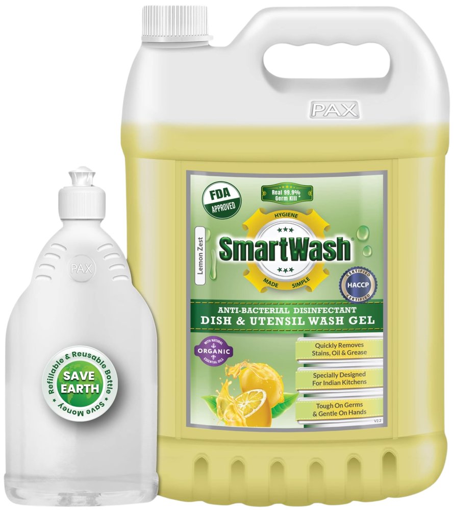 SmartWash Anti-Bacterial Disinfectant Dish & Utensil Wash Gel Strong Germ Protection Kitchen Wash Cleaner Liquid (Lemon Zest), 5L with Dispenser Bottle