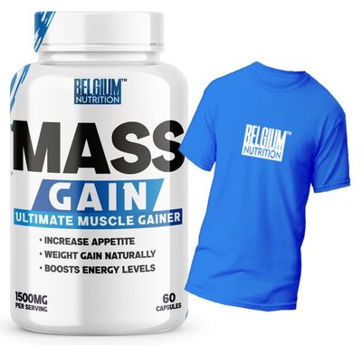 Belgium Nutrition Bulk Gain Mass & Weight Gainer Capsule for Fast Weight & Muscle Gain, Daily Muscle Building Weight Lifters Supplement for Muscle Growth, Stamina & Strength-60 Cap. | Free Gym T-Shirt