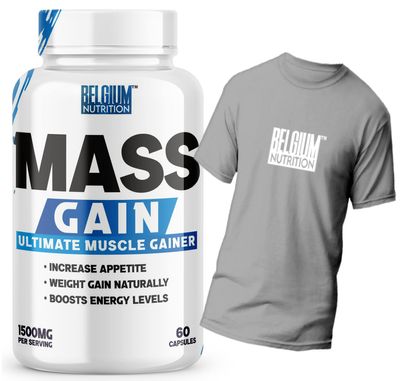 Belgium Nutrition Bulk Gain Mass & Weight Gainer Capsule for Fast Weight & Muscle Gain, Daily Muscle Building Weight Lifters Supplement for Muscle Growth, Stamina & Strength-60 Cap. | Free Gym T-Shirt