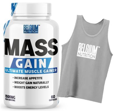 Belgium Nutrition Bulk Gain Mass & Weight Gainer Capsule for Fast Weight & Muscle Gain, Daily Muscle Building Weight Lifters Supplement for Muscle Growth, Stamina & Strength-60 Cap. | Free Gym Vest