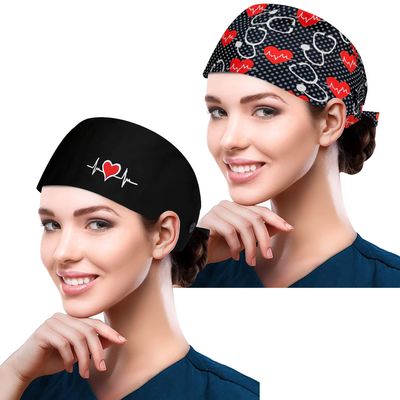 Fesciory Adjustable Working Caps with Button & Sweatband, Elastic Bandage Tie Back Hats for Women(Heart ECG+Stethoscope)