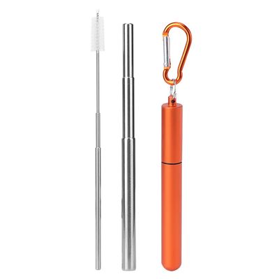 Drinking Straw, Practical Metal Straw Retractable Orange with Cleaning Brush for Picnic for Travel for Hiking for Camping