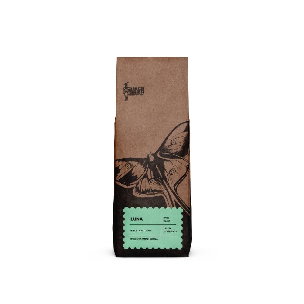 Black Baza Coffee, Luna, Dark Roast, Freshly Roasted, Organic, Robusta Cherry (Medium Fine Grind, 250 grams)
