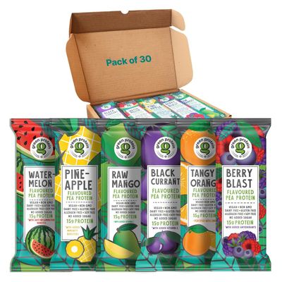 GREEN PROTEIN Vegan Pea Protein Isolate Powder | Absolutely Delicious & Refreshing | 6 Fruity Flavours : Pineapple, Black Currant, Berry Blast, Mixed Fruit, Raw Mango & Orange | Dairy-Free | 30 x 23g Sachets