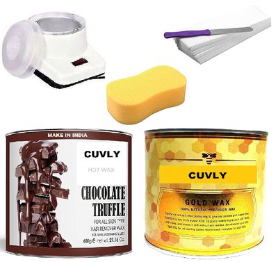 CUVLY Waxing Kit Combo (Wax Heater + Chocolate Wax (600 gm) + Gold Wax (600 gm) + Wax Strips (70) + Wax Spatula + Sponge)