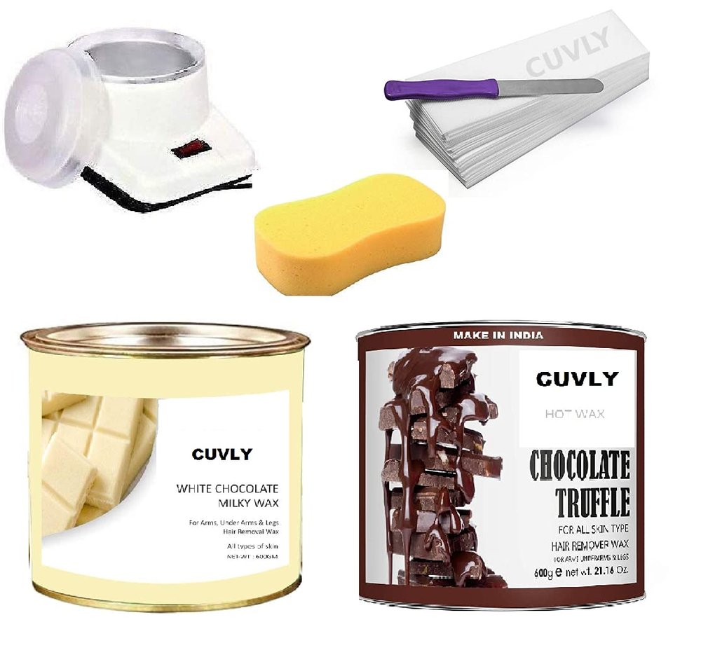 CUVLY Waxing Kit Combo Wax Machine, Wax Heater, Chocolate Wax - 600 g, White Chocolate Wax - 600 g, Wax Strips 70 pc, Wax Spatula (Knife), Cleaning Sponge
