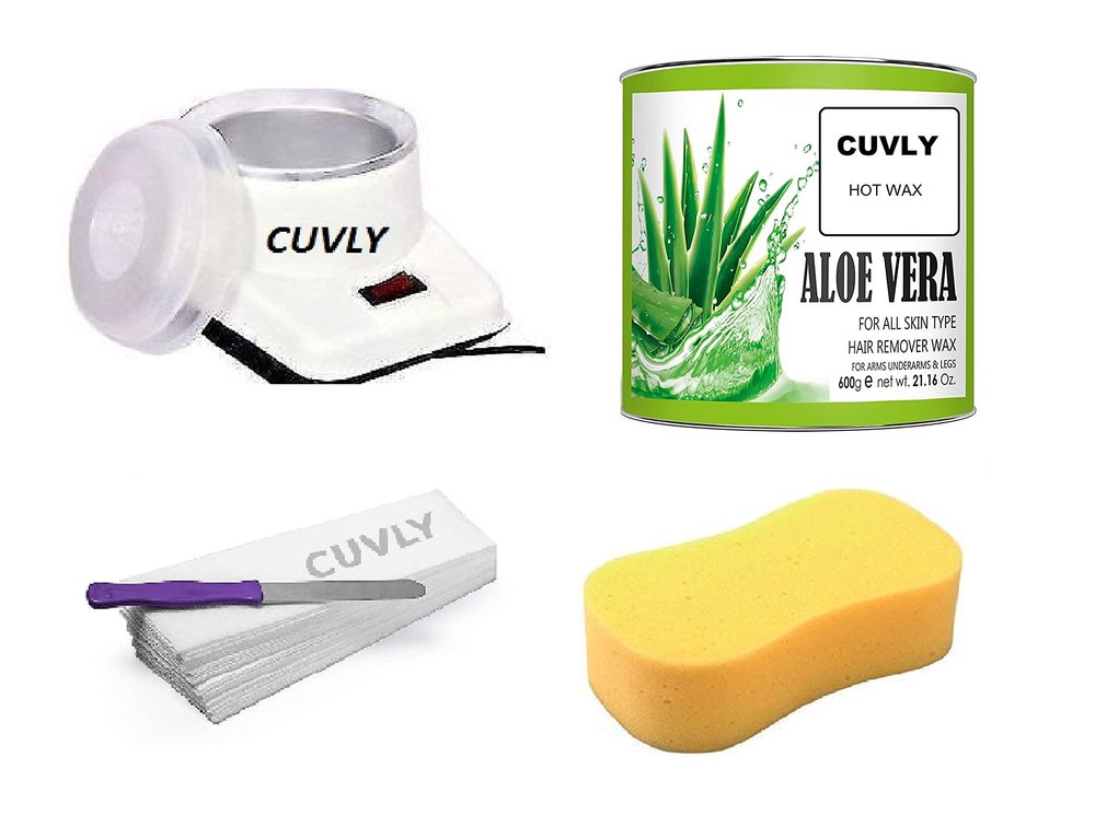 CUVLY Wax Heater Machine Kit Hair Removal Waxing Kit Electric Wax Heater, Chocolate Wax (600 g) Tin Can, Waxing Strips (70 Strips), Wax Applicator Knife and Cleansing Sponge Waxing (Aloe Vera Wax)