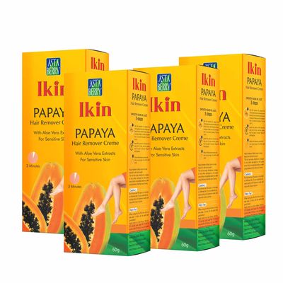 Ikin Papaya Hair Remover Cream For Sensitive Skin - Bikini Hair Removal Cream For Women & Girls Pack of 4 (60gm X 4)