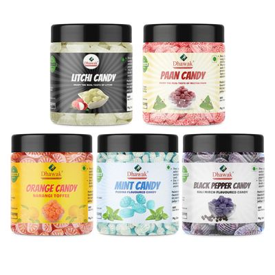 Dhawak Combo of Candies Orange Candy, Black Candy, Paan Candy, Mint Candy and litchi Candy 300 gms Each Total 1500 gms [ Jar Pack]