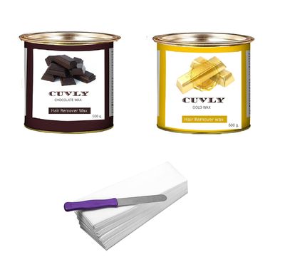 CUVLY Wax Waxing Hair Removal Hot Wax Kit,Chocolate Wax 600g + Gold Wax 600g + strip 70pcs + knife Wax Combo Kit (Pack of 4) (Chocolate Wax & Gold Wax)