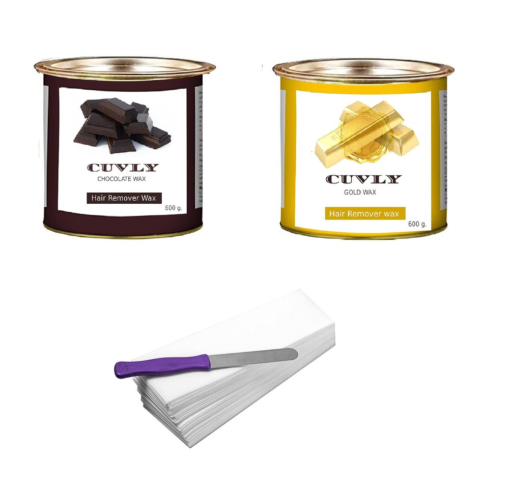 CUVLY Wax Waxing Hair Removal Hot Wax Kit,Chocolate Wax 600g + Gold Wax 600g + strip 70pcs + knife Wax Combo Kit (Pack of 4) (Chocolate Wax & Gold Wax)