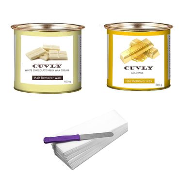 CUVLY Wax Waxing Hair Removal Hot Wax Kit,White Chocolate 600g + Gold Wax 600g + strip 70pcs + knife Wax Combo Kit (Pack of 4) (White Chocolate Wax & Gold Wax)