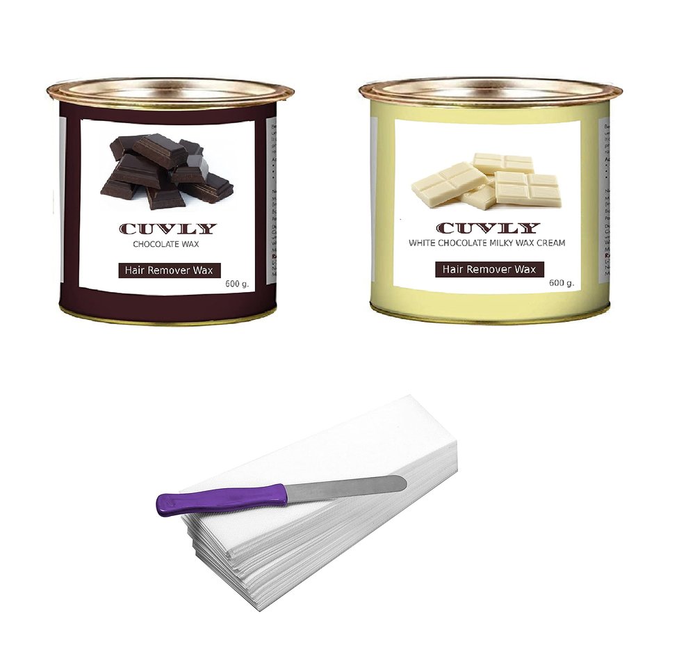 CUVLY Wax Waxing Hair Removal Hot Wax Kit,White Chocolate 600g + Chocolate Wax 600g + strip 70pcs + knife Wax Combo Kit (Pack of 4) (Chocolate Wax & White Chocolate Wax)