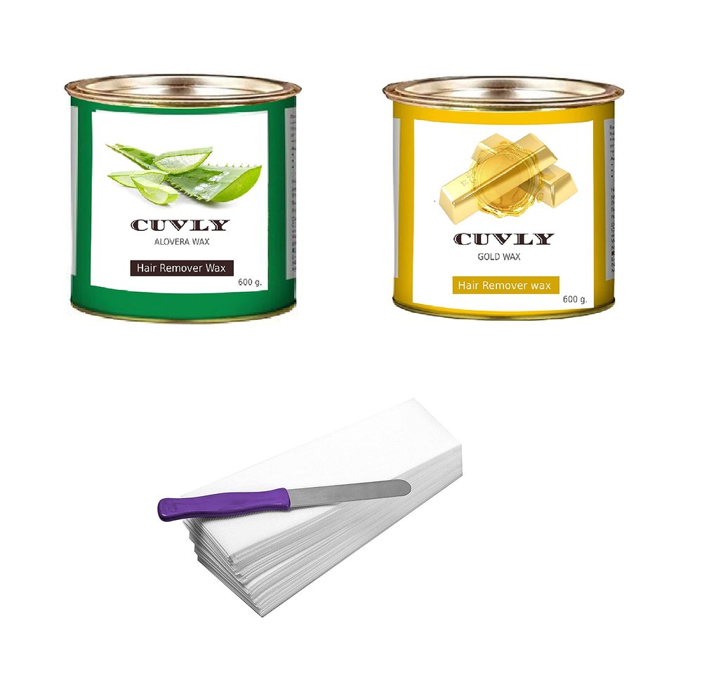 CUVLY Wax Waxing Hair Removal Hot Wax Kit,Aloe Vera 600g + Gold Wax 600g + strip 70pcs + knife Wax Combo Kit (Pack of 4) (Aloe Vera Wax & Gold Wax)